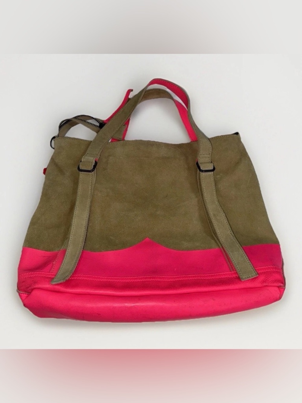 Hunter Suede & Leather Tote Bag Tan Pink Neon Trim Shoulder Bag Zip Pocket - Picture 6 of 13